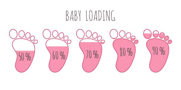 Baby loading concept with various percents full pink footsteps vector illustration set. - Vector, Image
