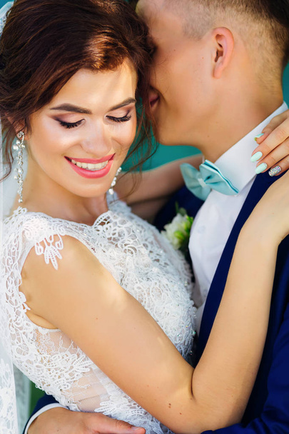 невеста в шикарном платье и свадебной вуали. обнять молодоженов
 - Фото, изображение