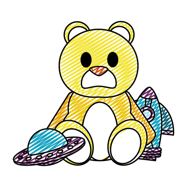 Doodle-Teddybär mit Rakete und Ufo-Spielzeug Vektor Illustration - Vektor, Bild