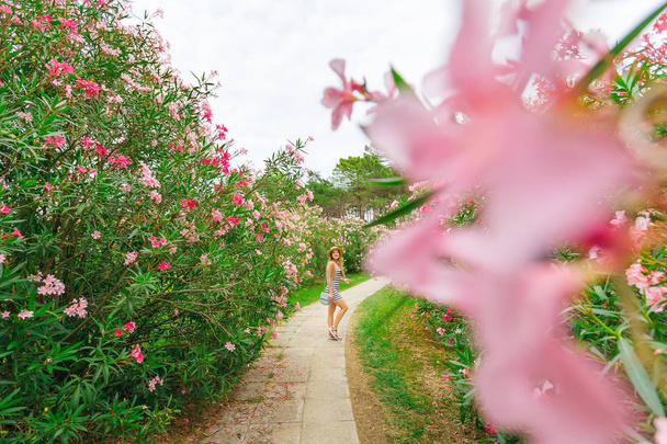 Güzel bir kadın elbise ve kayıkla yürüyor. Üzerinde çalılar olan bir park. - Fotoğraf, Görsel