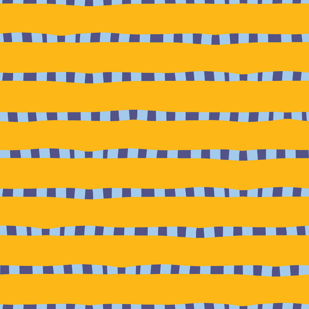 描かれた横縞黄色ゴールド ブルー シームレスなベクトルの背景を手します。不規則な線が抽象的なパターンを繰り返します。子供たちの素朴なスタイル。子供市場、夏春座標、バナー、ファブリック - ベクター画像
