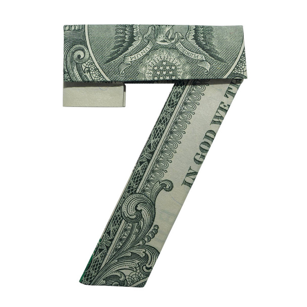 Money Origami DIGIT 7 Number Folded with Real One Dollar Bill Isolated on White Background - 写真・画像