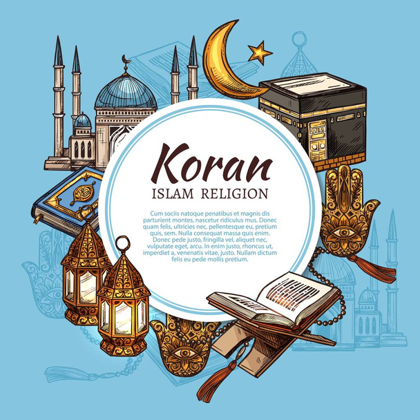 islamische Religion Moschee, Halbmond, Koran und Laterne - Vektor, Bild