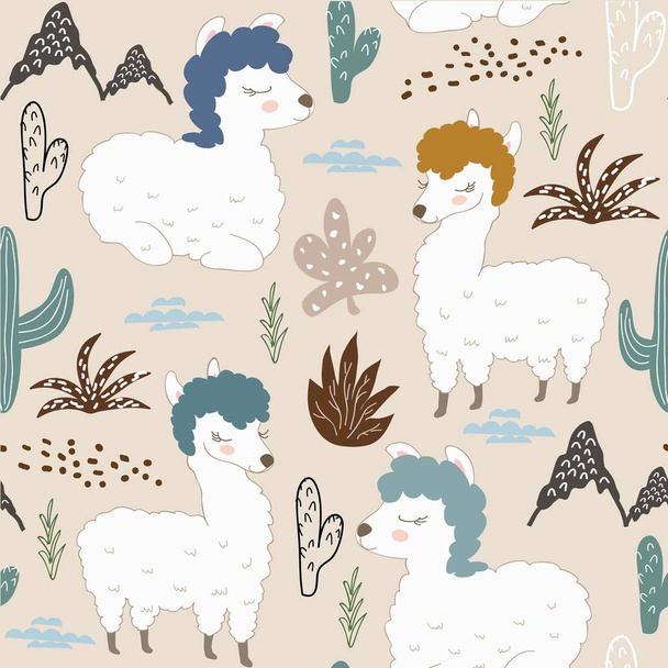 Modèle sans couture avec lama et cactus. illustration vectorielle pour tissu, textile, papier peint
 - Vecteur, image