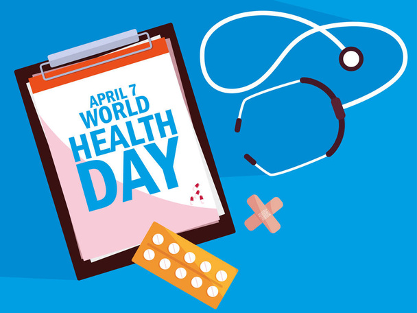 tarjeta del día de la salud mundial con portapapeles e iconos establecidos
 - Vector, Imagen