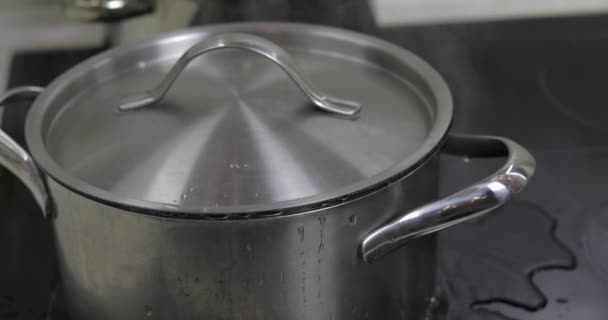 Кипіння води в каструлю, які покриті кришкою на кухні - Кадри, відео