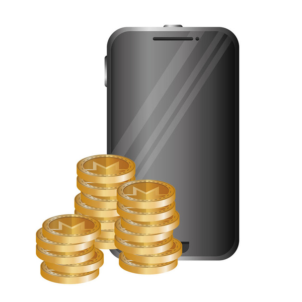 pilha moedas virtuais com monero e smartphone
 - Vetor, Imagem