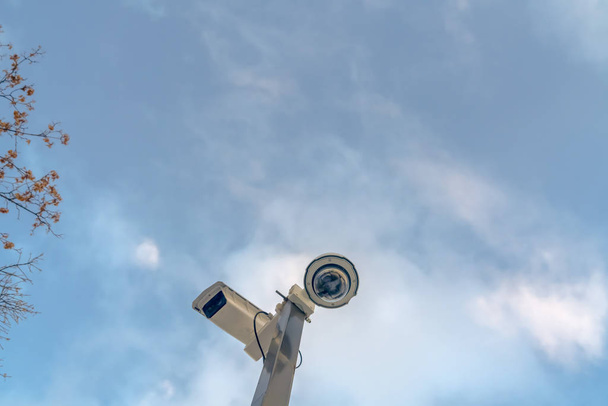 曇り青い空と木に対するセキュリティカメラ - 写真・画像