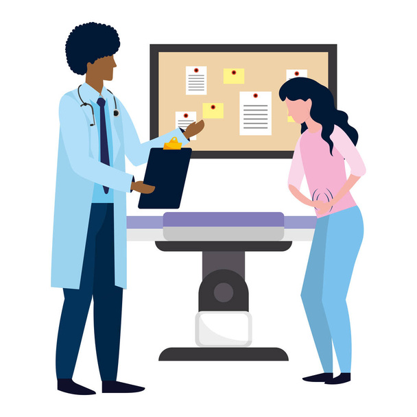 υγειονομικής περίθαλψης ιατρός άνθρωπος που κρατά το ρεκόρ κλινική στο γραφείο ιατρών με τη γυναίκα ασθενή Κινούμενα σχέδια διανυσματικά εικονογράφηση γραφιστική - Διάνυσμα, εικόνα