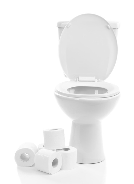 White toilet bowl with toilet paper, isolated on white - Photo, Image