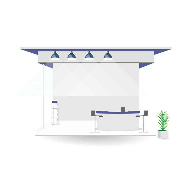 Grand Exhibition stand kijelző gúnyolódik elszigetelt fehér háttér design. Üres kereskedelmi kiállítás stand fa pot .Booth a kiállításon - Vektor, kép