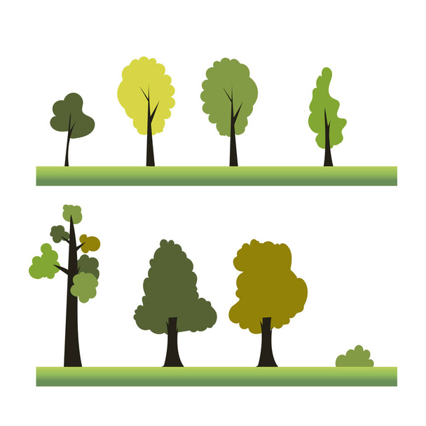 Plano árvore elemento de design ilustração conjunto vector.Plant definido em grama.Natureza paisagem cena com árvore - Vetor, Imagem