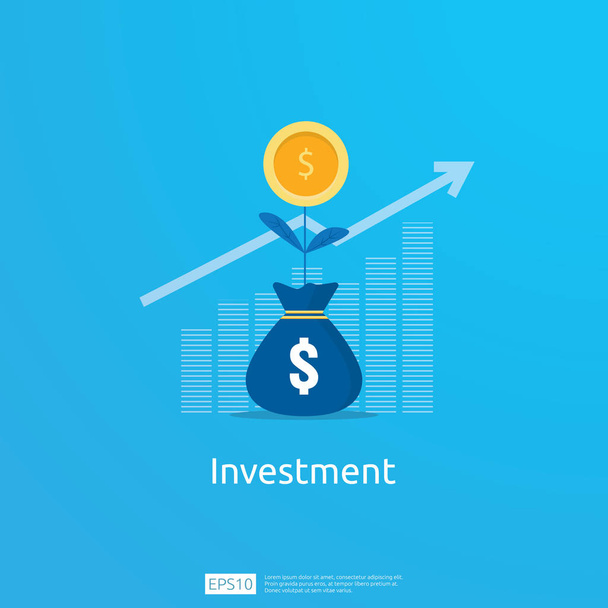 Business concept of achievement goal. Return on investment ROI vision. growth arrows to success. graph chart increase profit with money bag. Finance stretching rising up. banner flat style. - Vector, Image