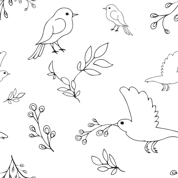 Vector set of birds and twigs. Decorative silhouette of birds si - Vector, imagen