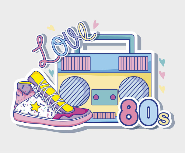 80s seviyorum çizgi film radyo ve ayakkabı vektör çizim grafik tasarım - Vektör, Görsel