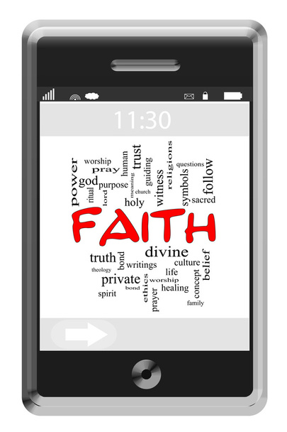 Concepto de nube de palabra de fe en el teléfono de pantalla táctil
 - Foto, imagen