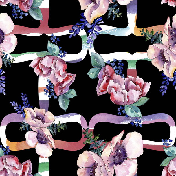 Buquê roxo flor botânica floral. Conjunto de ilustração de fundo aquarela. Padrão de fundo sem costura
. - Foto, Imagem