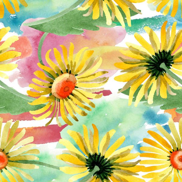 Amarelo margarida floral flores botânicas. Conjunto de ilustração de fundo aquarela. Padrão de fundo sem costura
. - Foto, Imagem