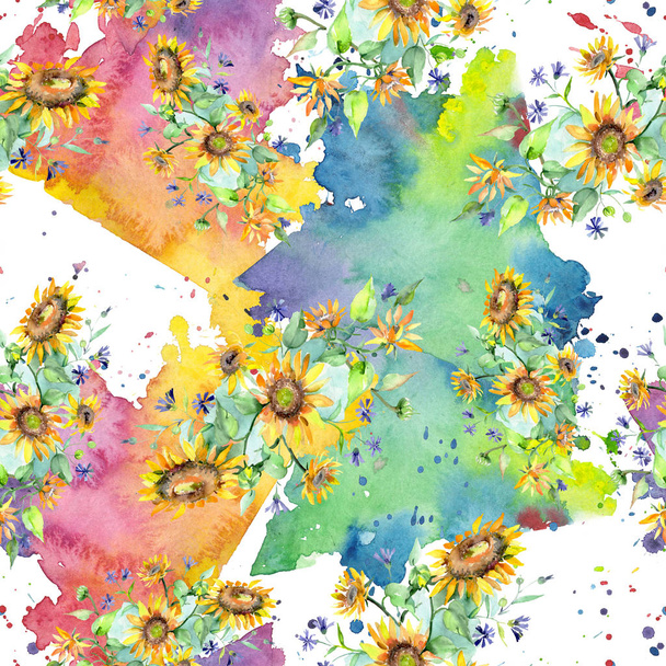 Buquê de girassol flores botânicas florais. Conjunto de ilustração de fundo aquarela. Padrão de fundo sem costura
. - Foto, Imagem