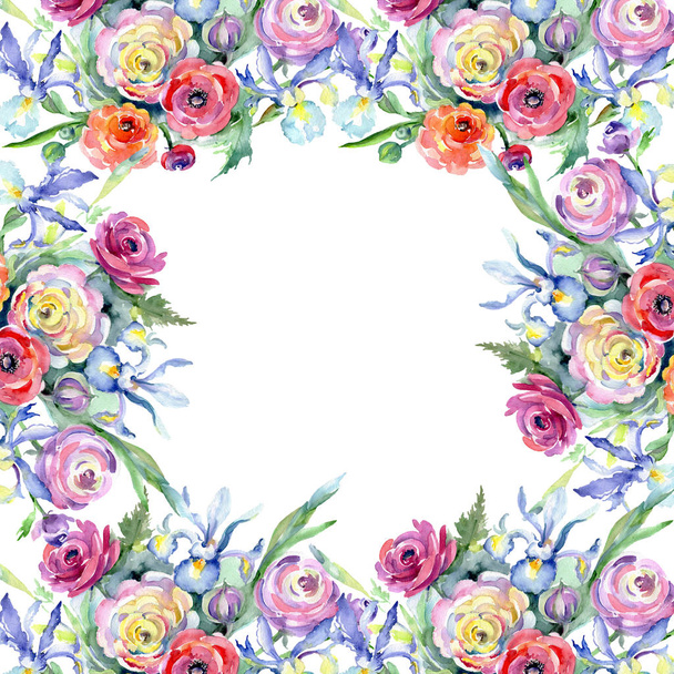 Fiori botanici floreali rosa e rosso bouquet. Acquerello sfondo illustrazione set. Quadrato ornamento bordo cornice
. - Foto, immagini