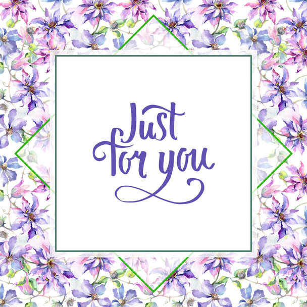 Blauwe violet clematis boeket botanische bloemen. Aquarel achtergrond afbeelding instellen. Frame grens ornament vierkant. - Foto, afbeelding
