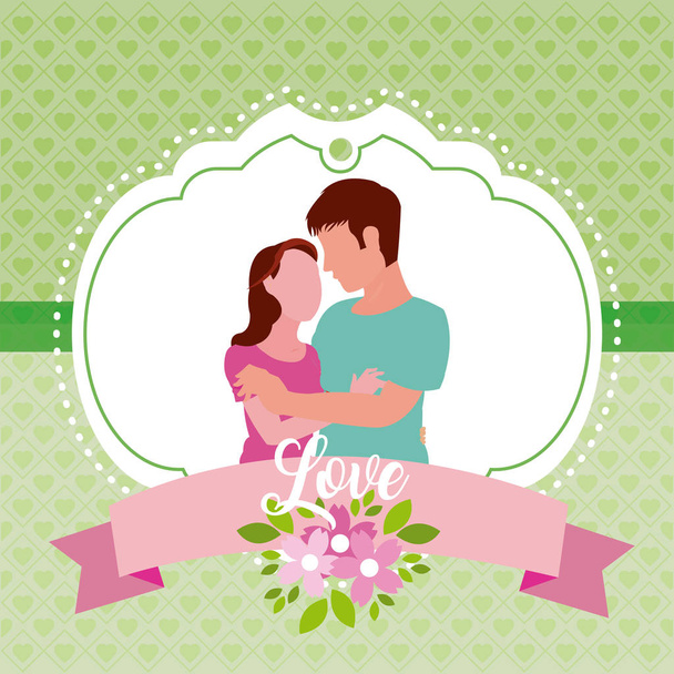 Couple in love in emblem and blank frame vector illustration graphic design - Vector, Image
