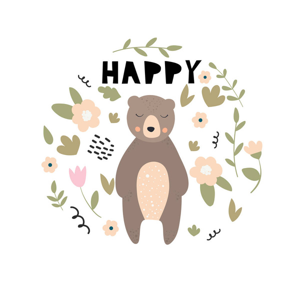 Vector illustration with bear, flowers, leaves and branches.  Design for  cards, posters, cards, t-shirts, book, textile. - Vector, Image
