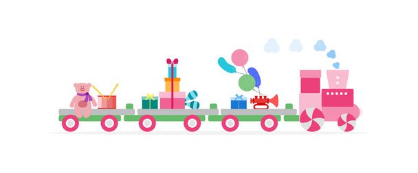 Train carries toys. Gifts for holidays to children - Vector, Image
