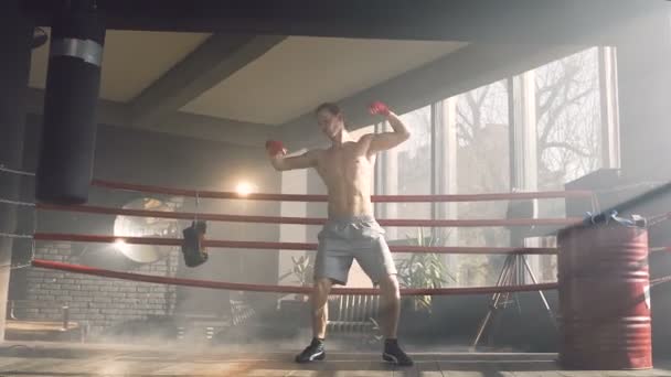 Young sport man dancing on the boxer ring. - Video, Çekim
