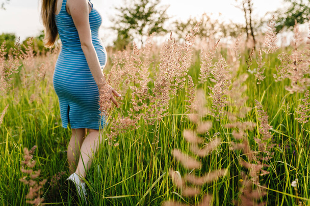 Terhes fiatal nő élvezi nyári nap, zöld mezőben   - Fotó, kép