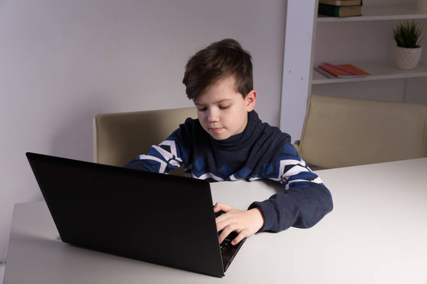 Foto di bel ragazzo in maglione seduto davanti al computer a fare i compiti
. - Foto, immagini