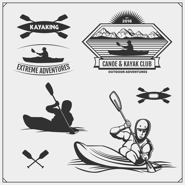 Emblèmes de kayak et de canot, étiquettes, badges et éléments de design. Illustration vectorielle. Conception d'impression pour t-shirts
. - Vecteur, image