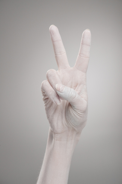 vista ritagliata di mani femminili dipinte di bianco che mostrano segno di pace sul grigio
  - Foto, immagini