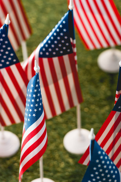 selective focus of american flags with stars and stripes on green grass - Foto, Imagen