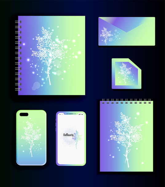 Mock-up objects in stylish neon design with flowers. Case for smartphone and stylish stationery isolated. - Vetor, Imagem