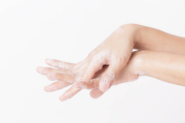 Asian woman cleaning Hand. washing hands with soap protection  finger and hands from virus - Photo, Image