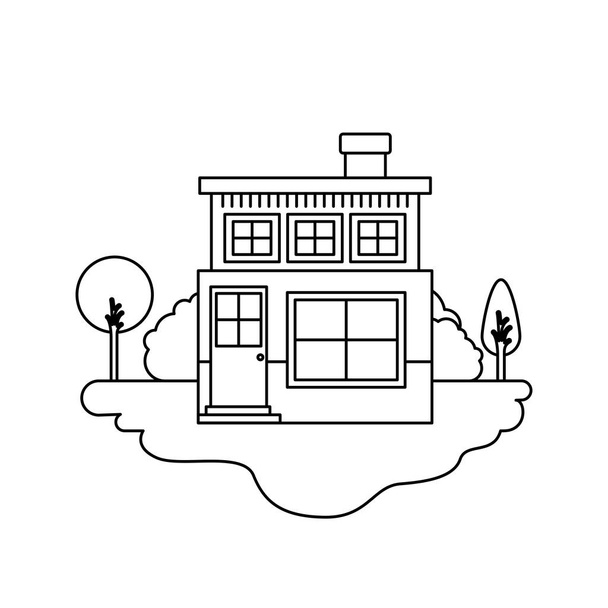 屋外風景と煙突のある2階建ての家のモノクロシルエットシーン - ベクター画像