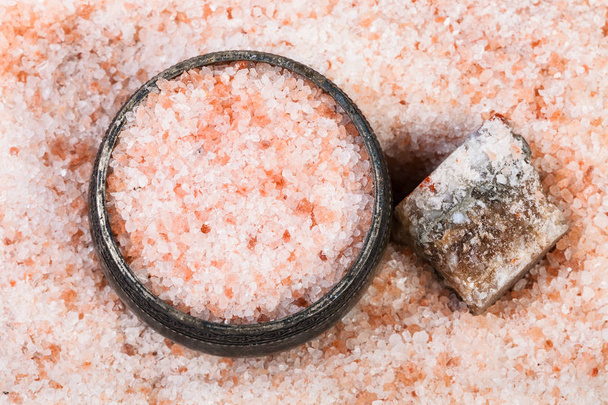 top view of salt cellar and pink Himalayan Salt - Photo, Image