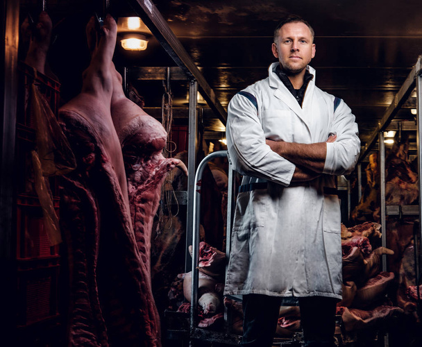 Carnicero en ropa de trabajo con los brazos cruzados en un almacén refrigerado en medio de cadáveres de carne
 - Foto, Imagen