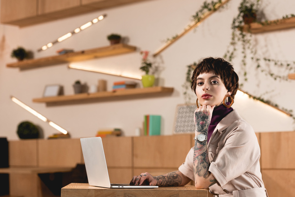 mujer de negocios de moda sentada en la cafetería, utilizando el ordenador portátil y mirando a la cámara
 - Foto, Imagen