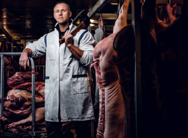 Carnicero en una camisa de trabajo blanca sosteniendo hacha mientras está de pie en un almacén refrigerado en medio de cadáveres de carne
 - Foto, imagen