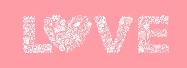 Floral summer word Love. Flower Capital wedding Uppercase letters. Pink background with white flowers and leaves. Vector illustration Grotesque scandinavian style for valentines day - Vektor, obrázek