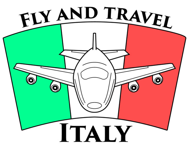 Логотип подорожі до Італії. Літак на тлі італійський прапор. - Вектор, зображення