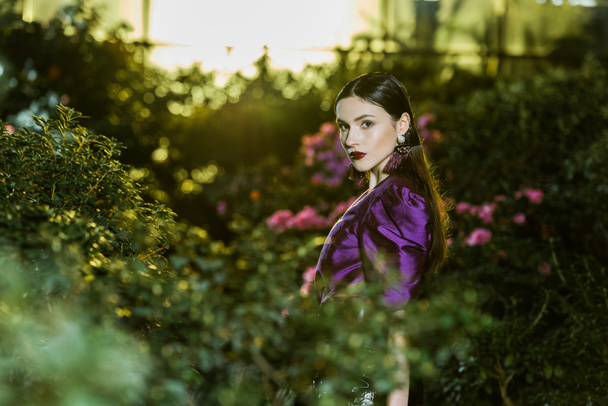 Serious young woman in purple blouse looking at camera in orangery - Fotoğraf, Görsel
