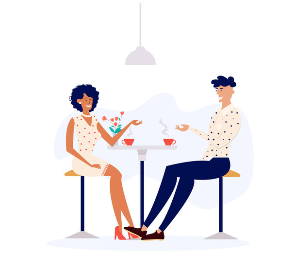 Lief paar Dating in Cafe. Man en vrouw teken pratende drinken koffie aan tafel van de cafetaria. Gelukkige mannelijke en vrouwelijke mensen op een Lunch breken met kopje thee. Vectorillustratie cartoon - Vector, afbeelding