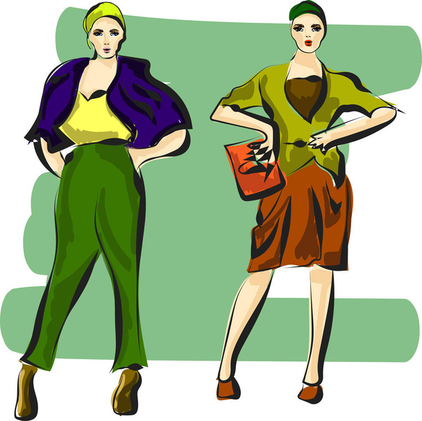 Fast fashion sketch with stylish girls in jackets - Vector, Image