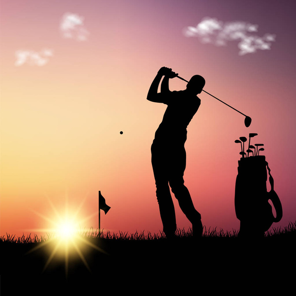 Silhouette of golfer with bag at sunset template - Vector, Image