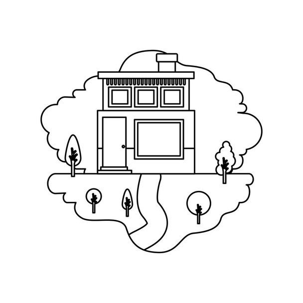 монохромний силует сцени природного ландшафту і будинку з двома поверхами з димоходом
 - Вектор, зображення
