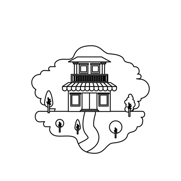 монохромний силует сцени природного ландшафту і будинку з двома поверхами з балконом і тентом
 - Вектор, зображення