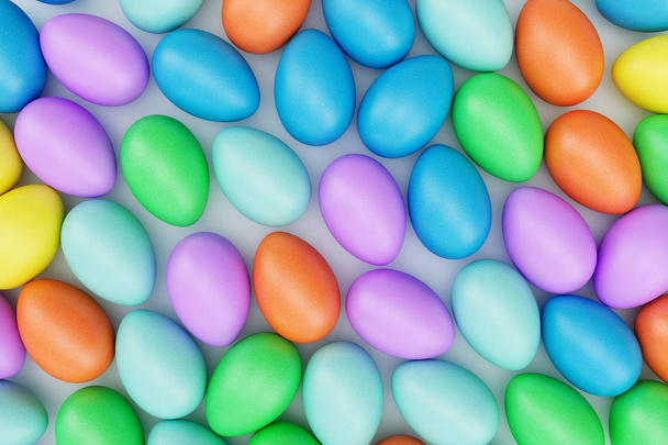 bunte Ostereier, pastellfarben, mehrfarbige Eier: rosa, blau, grün, orange, gelb. Konzept Ostereiersuche. Ostersymbolfeiertag im April, 3D-Illustration - Foto, Bild